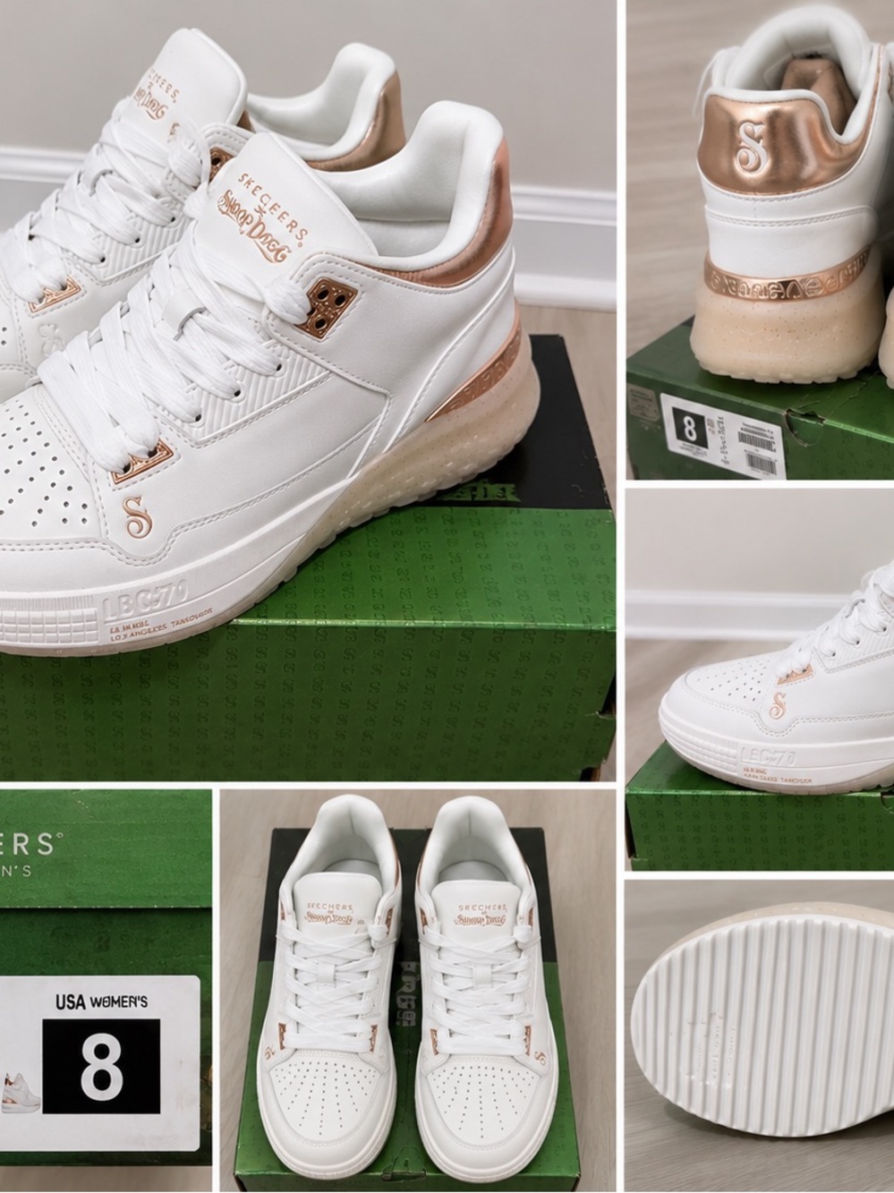 Skechers Snoop Dogg Uno Wedge Hi Steps White Rose Gold Women’s Size 8